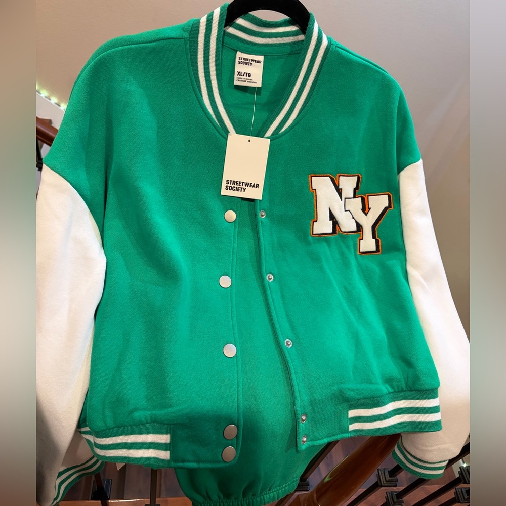 Streetwear Society Green and White Varsity Jacket